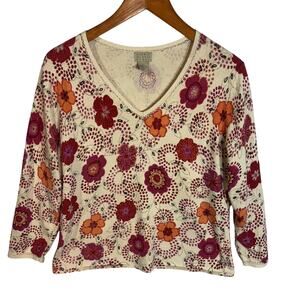 Sigrid Olsen Spring Knitted Embellished Floral Sweater V Neck Cottagecore Size L